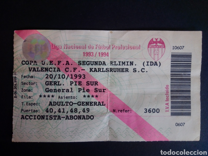 Coleccionismo deportivo: ENTRADA FUTBOL. COPA UEFA. VALENCIA C.F.- KARLSRUHER S.C. 1993.