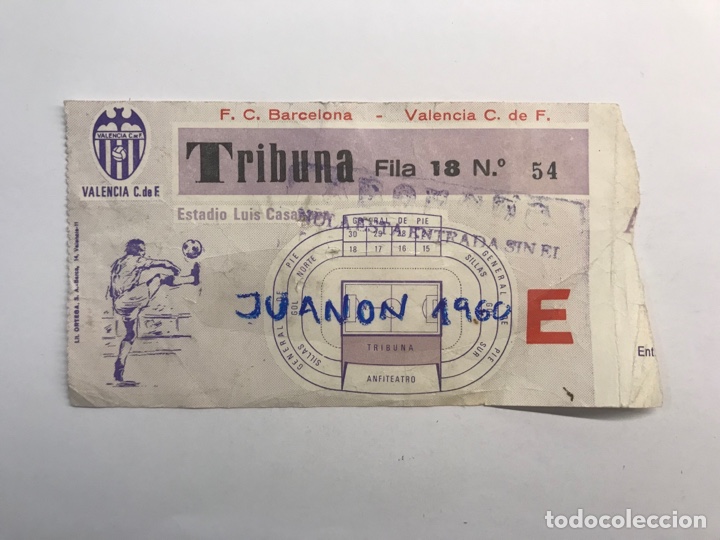 Coleccionismo deportivo: Entrada de F&uacute;tbol Estadio Luis Casanova Encuentro F.C. Barcelona - Valencia C de F. (h.1980/90?)