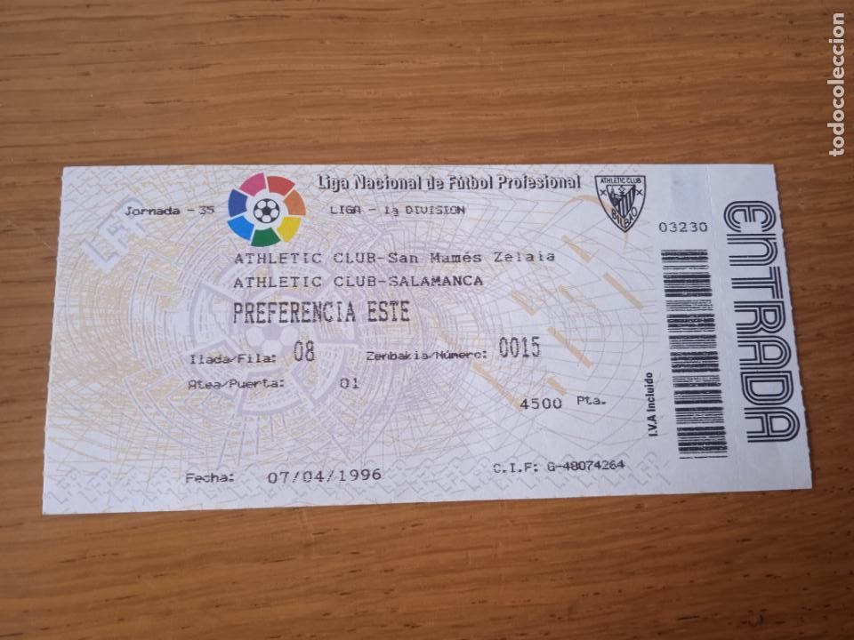 Sports collectibles: Entrada de f&uacute;tbol. Liga. Athl&eacute;tic de Bilbao - Salamanca 1996