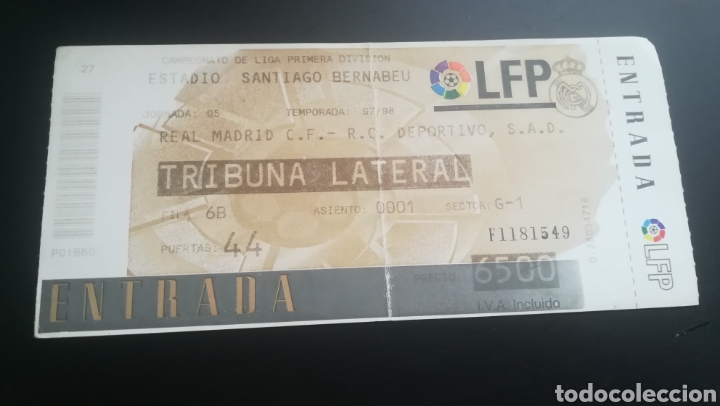 Collezionismo sportivo: Entrada Ticket Real Madrid Deportivo Coru&ntilde;a 1997 1998 Jornada 5 Santiago Bernab&eacute;u