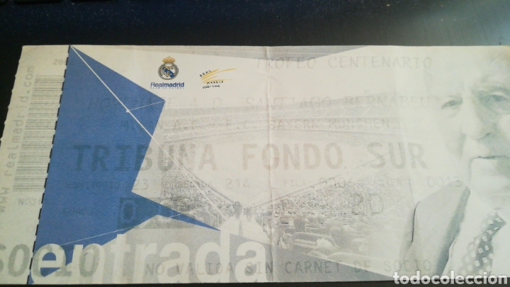 Colecionismo desportivo: Entrada Ticket Real Madrid Bayer M&uacute;nich FC Bayern Munchen Trofeo Centenario 2002 Santiago Bernab&eacute;u