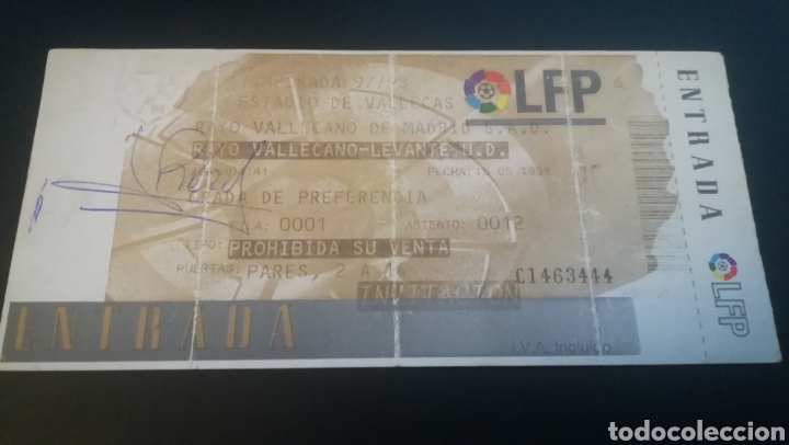 Collezionismo sportivo: Entrada Ticket Firmado Rayo Vallecano Levante 1997 1998 Estadio Vallecas