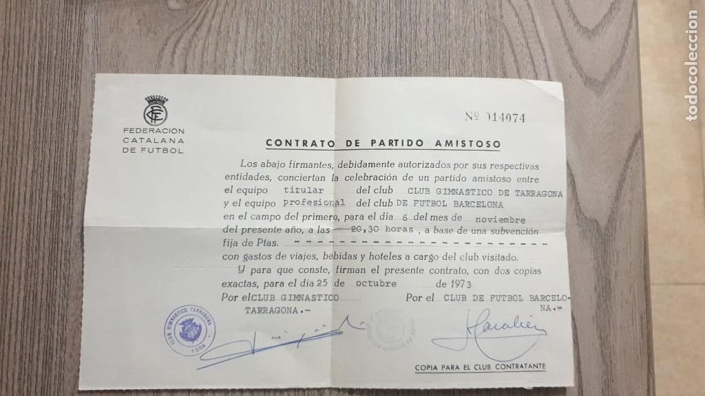 Coleccionismo deportivo: CONTRATO DE UN PARTIDO AMISTOSO ENTRE EL GIMNASTICO DE TARRAGONA Y EL F.C.BARCELONA