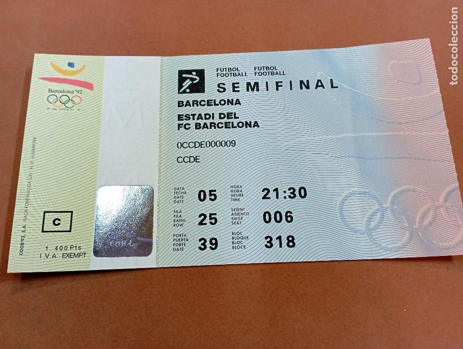 Coleccionismo deportivo: Entrada semifinal olimpiadas barcelona 92 - futbol - en muy buen estado