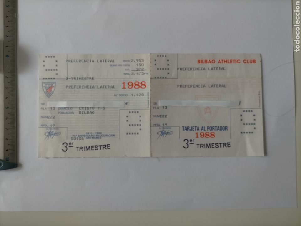 Coleccionismo deportivo: ABONO SOCIO DE 1988 ATHLETIC CLUB DE BILBAO y BILBAO ATHLETIC 3&deg; trimestre SAN MAMES 75 ANIVERSARIO