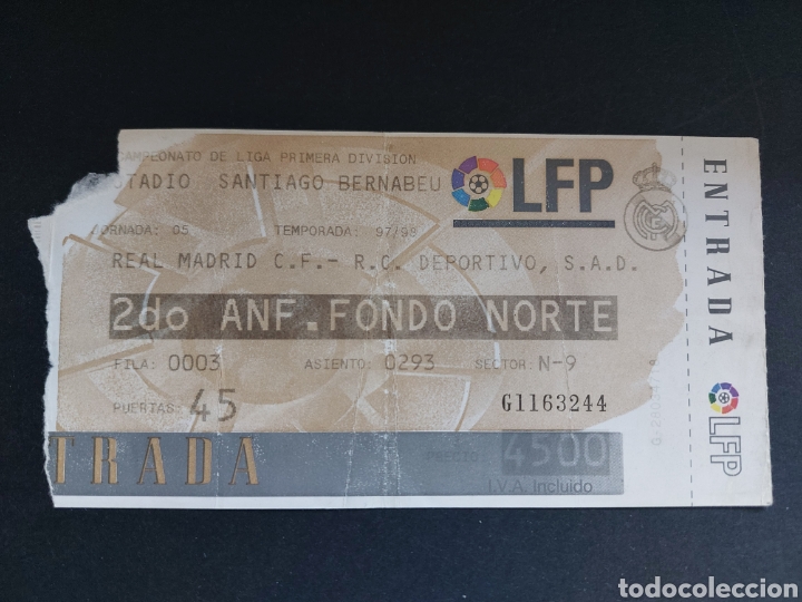 Colecionismo desportivo: ENTRADA TICKET REAL MADRID 3 DEPORTIVO CORU&Ntilde;A 1. D9BLETE RA7L SANTIAGO BERNABEU 1997 1998 JORNADA 38