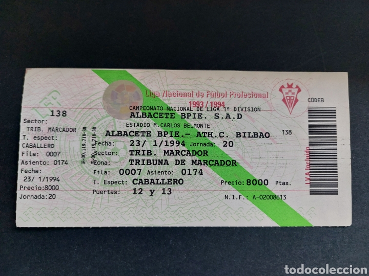 Collezionismo sportivo: ENTRADA TICKET ALBACETE 2 ATHLETIC CLUB BILBAO 0 LIGA 1993 1994 CARLOS BELMONTE