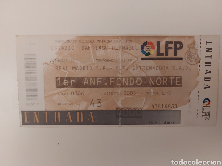 Collezionismo sportivo: ENTRADA TICKET REAL MADRID 2 EXTREMADURA 0 1998 1999 JORNADA 27 SANTIAGO BERNABEU