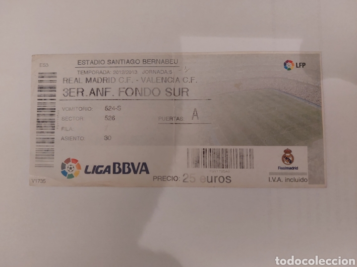 Sports collectibles: ENTRADA TICKET REAL MADRID 1 VALENCIA 1 JORNADA 1 2012 2013 BERNABEU