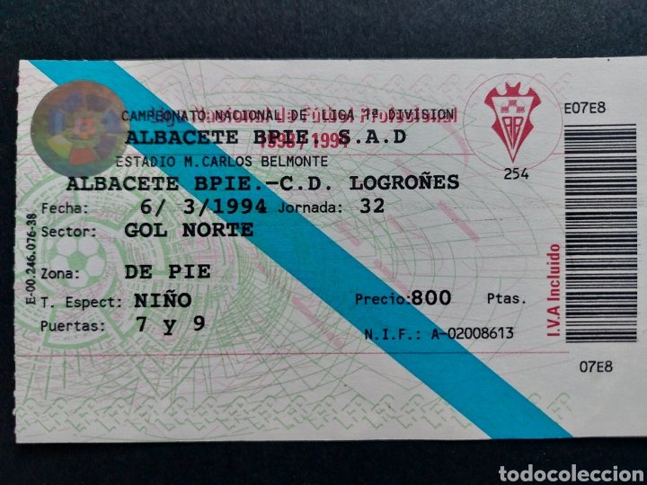 Collezionismo sportivo: ENTRADA TICKET ALBACETE 2 LOGRO&Ntilde;ES 2 1993 1994 JORNADA 32 CARLOS BELMONTE