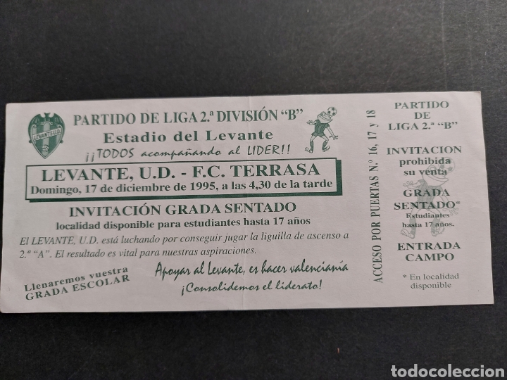 Colecionismo desportivo: Entrada ticket Levante 1 Terrassa 0 1995 1996 Jornada 28