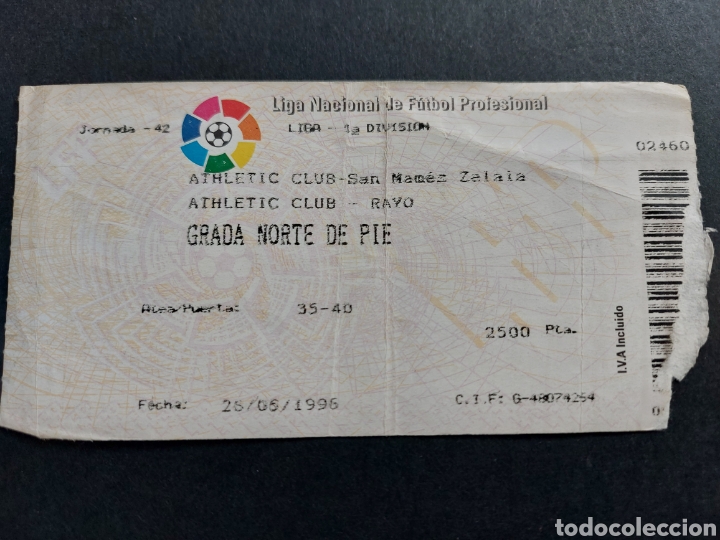 Sports collectibles: ENTRADA TICKET ATHLETIC CLUB BILBAO 3 RAYO VALLECANO 1 1995 1996 SAN MAMES JORNADA 42