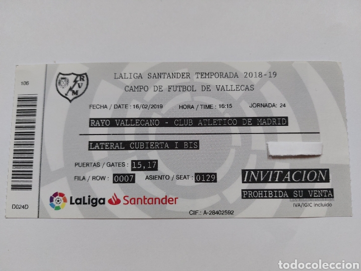 Collezionismo sportivo: ENTRADA RAYO VALLECANO 0 ATL&Eacute;TICO MADRID 1 CAMPO VALLECAS JORNADA 24, 2018 2019 TICKET