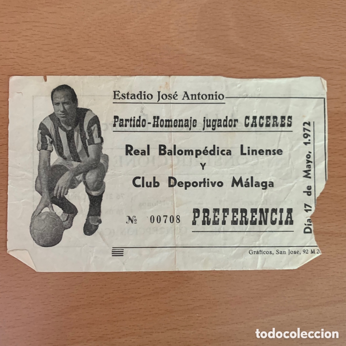 Collezionismo sportivo: Entrada partido homenaje jugador C&aacute;ceres Real balomp&eacute;dica Linense club deportivo M&aacute;laga 17 mayo 1972