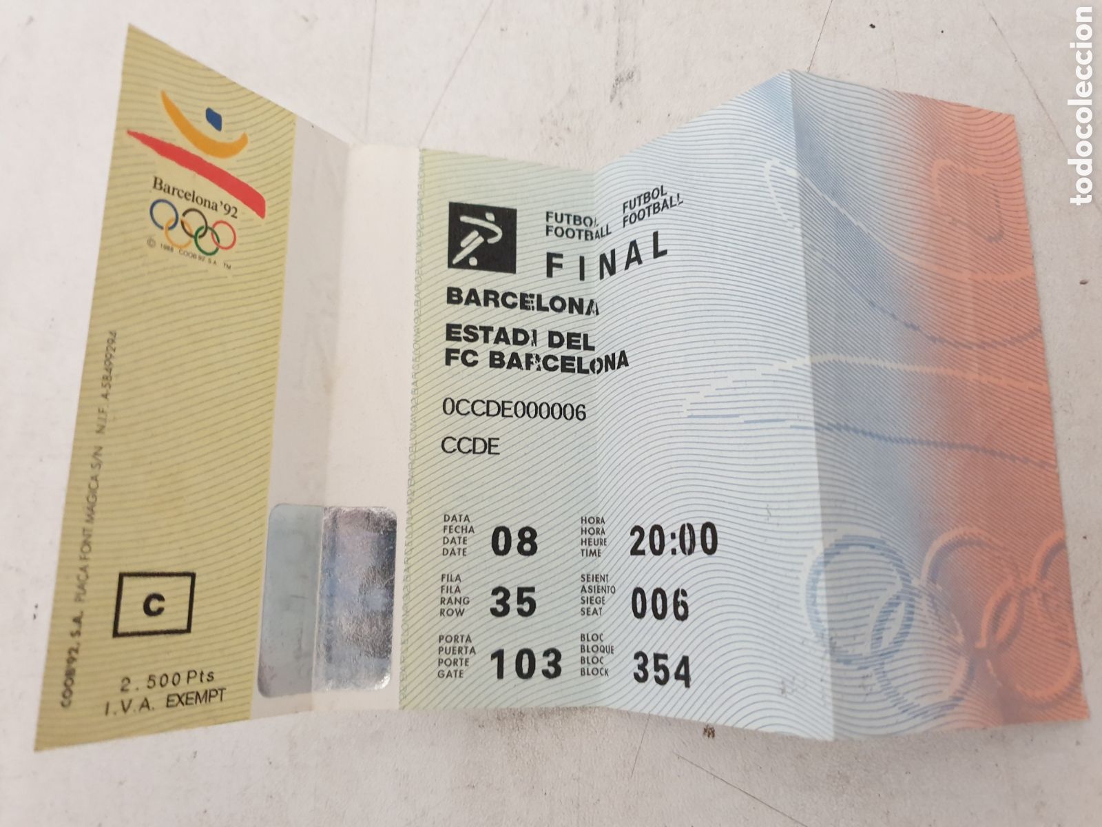 Coleccionismo deportivo: ENTRADA FINAL JUEGOS OLIMPICOS FUTBOL. BARCELONA 92