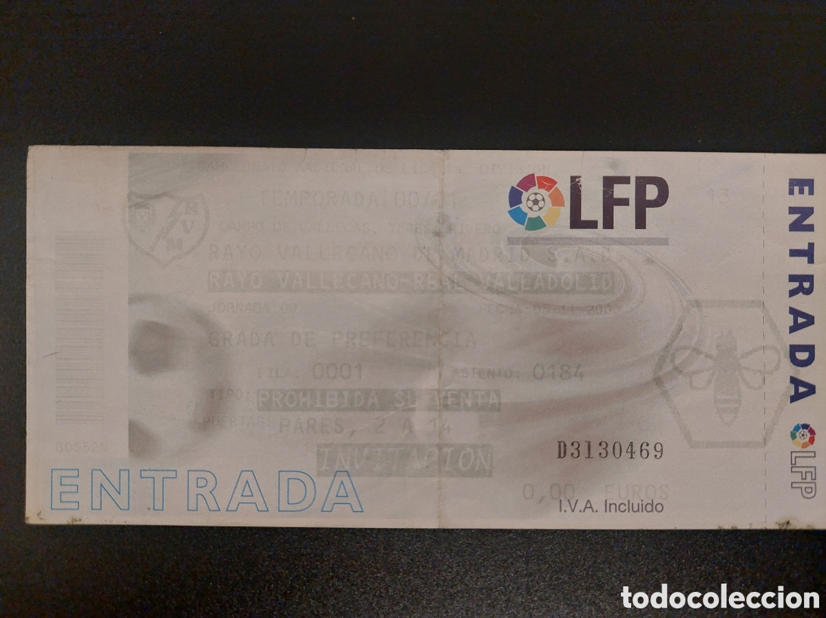 Colecionismo desportivo: Entrada Ticket Rayo Vallecano 2 Valladolid 1 2000 2001 Partido 50 Michel y 350 Ferreira Vallecas