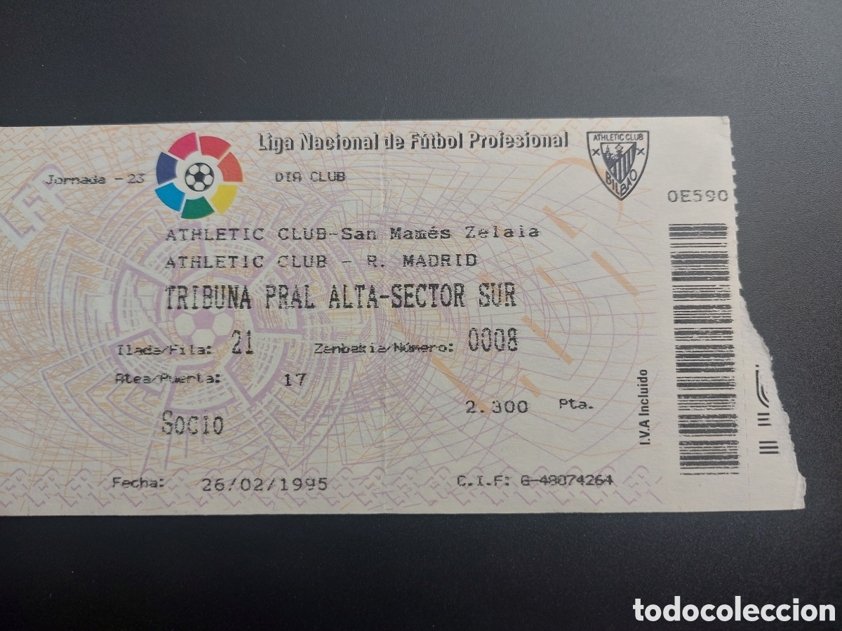 Collectionnisme sportif: Entrada Athletic Club Bilbao 1 Real Madrid 1 San Mam&eacute;s 1994 1995 Goles Andrin&uacute;a y Zamorano