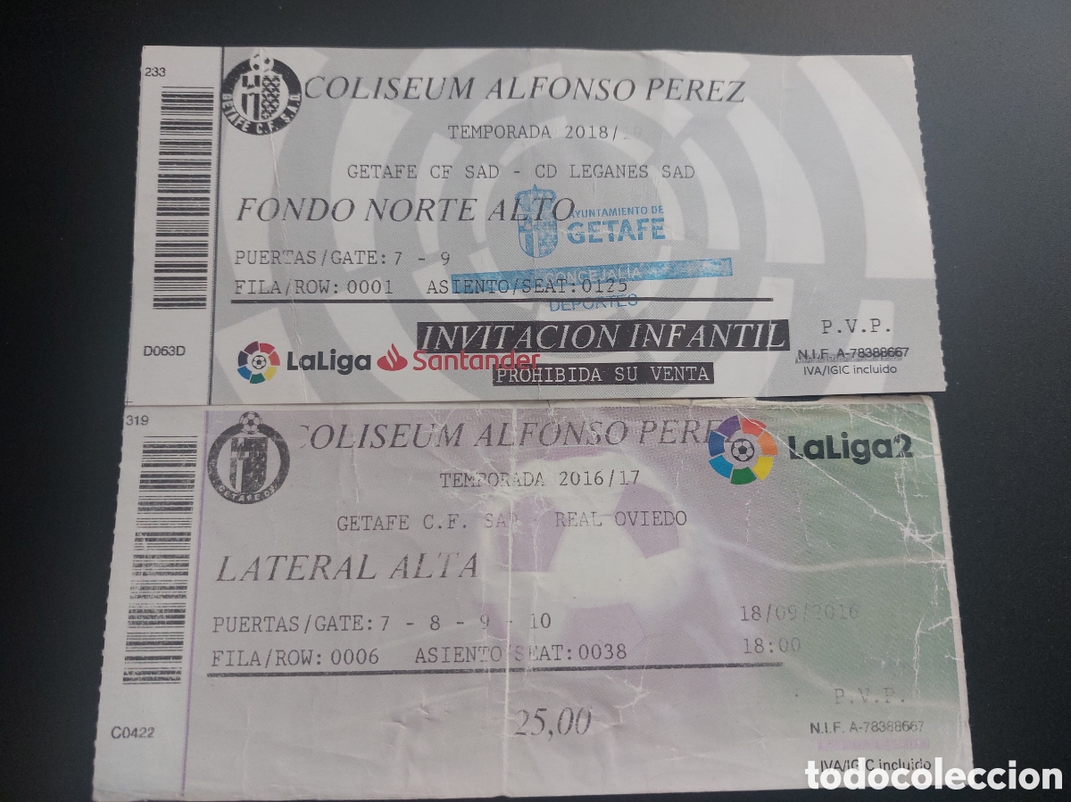 Collezionismo sportivo: Dos entradas Getafe Legabes 2017 - 2018 y Getafe Real Oviedo 2016 2017 Coliseum Alfonso P&eacute;rez