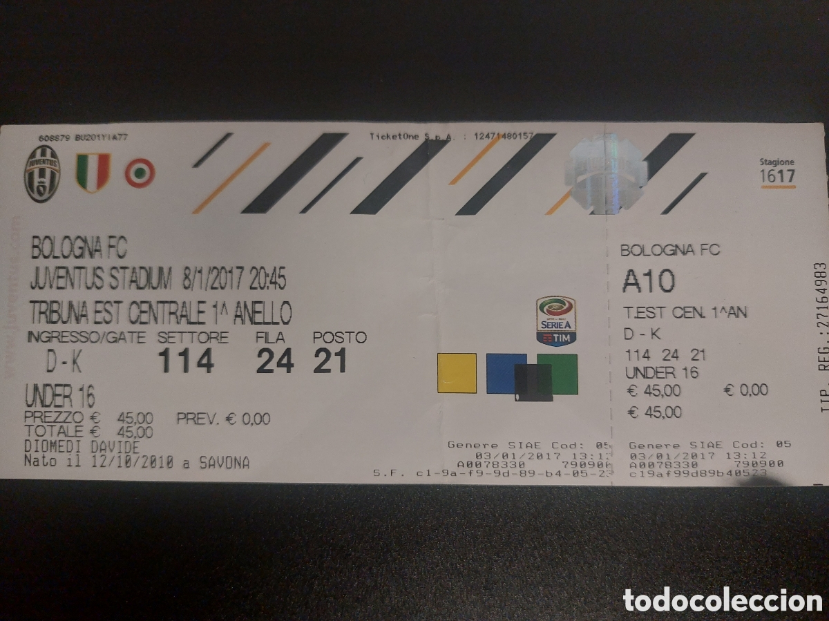 Collezionismo sportivo: Entrada ticket Juventus Turin 3 Bologna 0 2017 Calcio. Biglietto