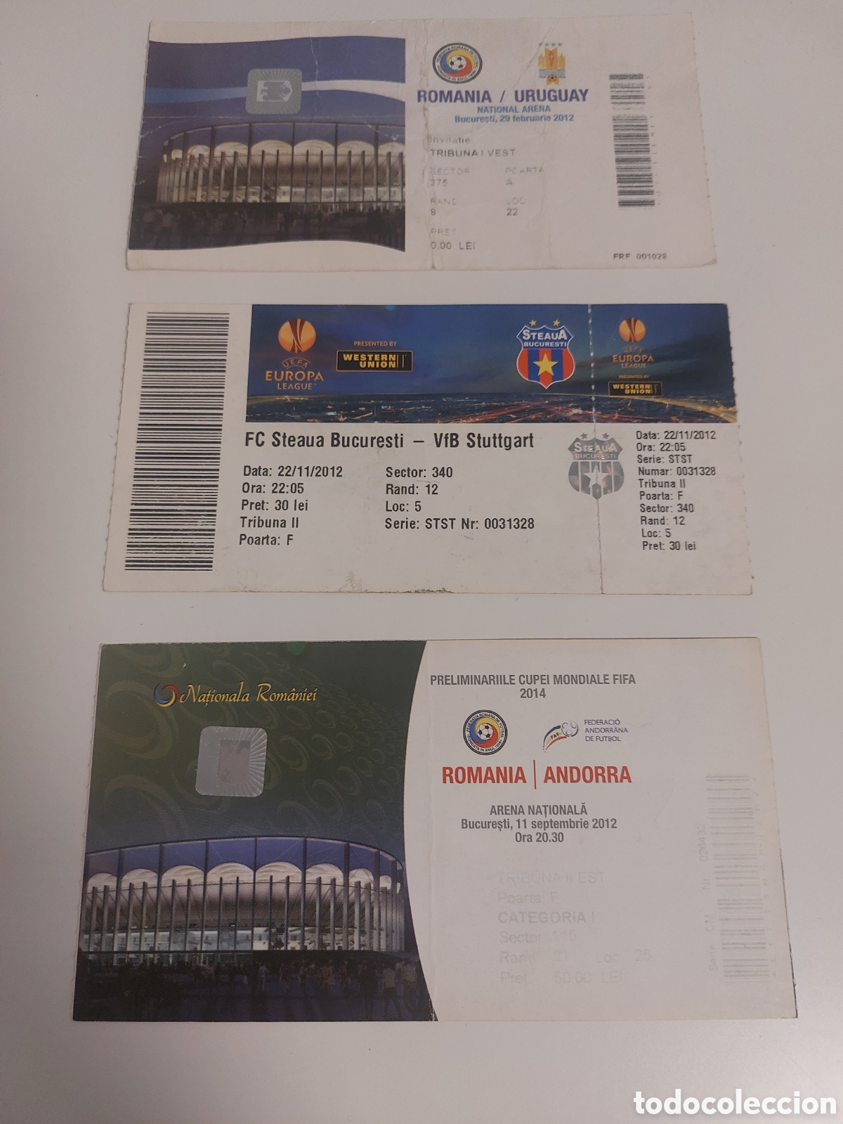 Colecionismo desportivo: 3 Entradas Ruman&iacute;a Uruguay Andorra y Steaua Bucarest Stuttgart 2012 Ticket Football