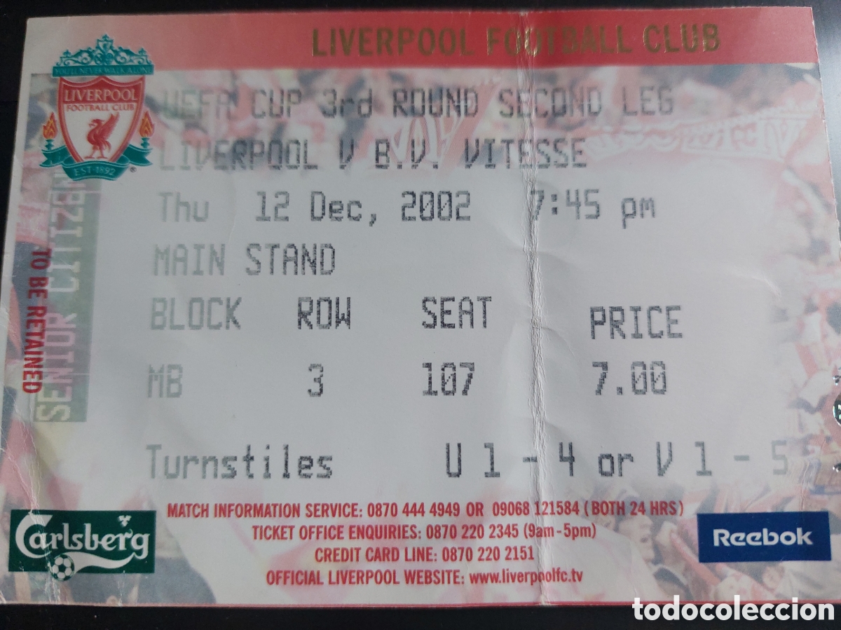 Collezionismo sportivo: Entrada Liverpool Vitesse 2002 UEFA CUP Ticket Football