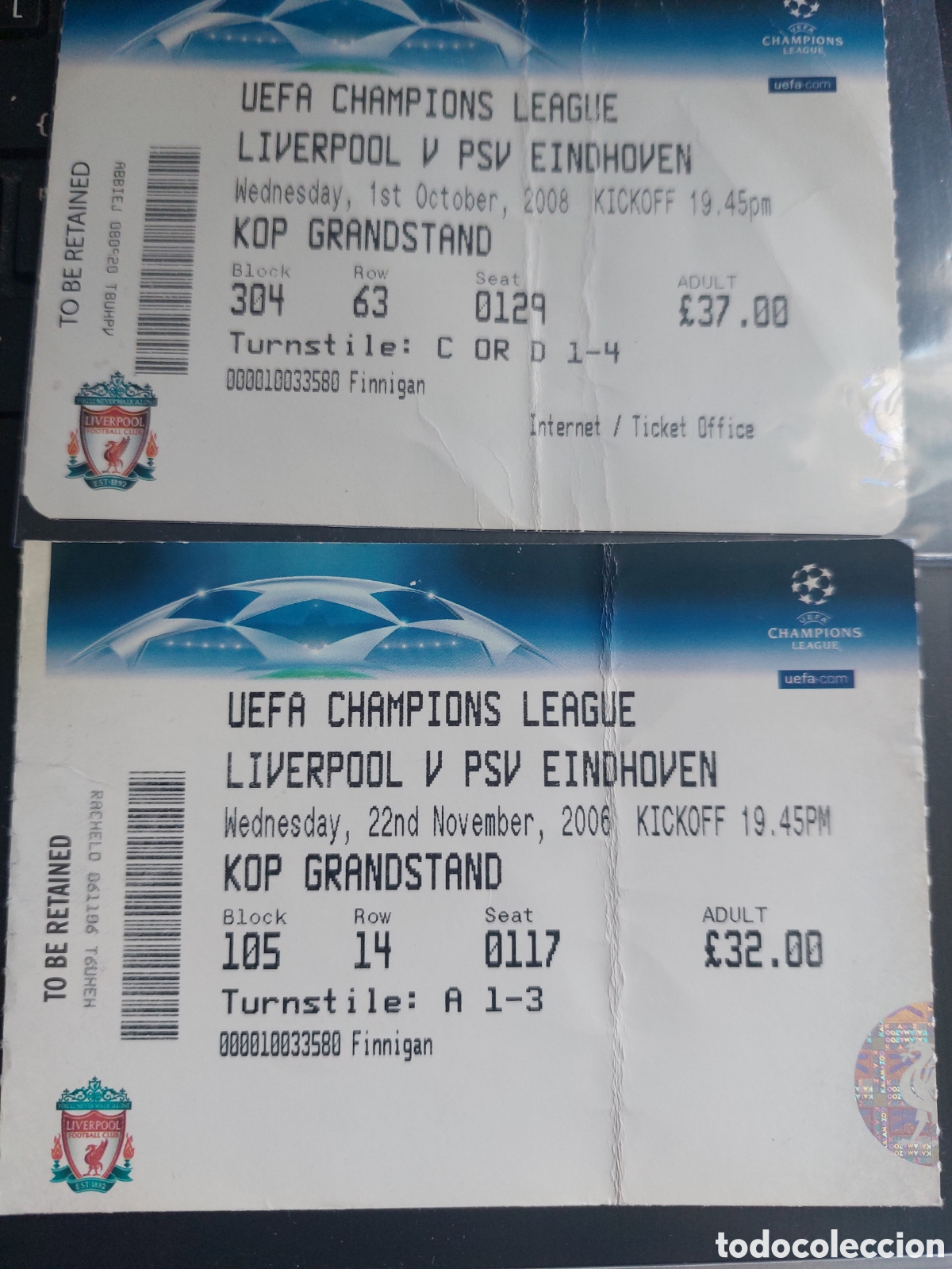 Colecionismo desportivo: Ticket Entrada Liverpool PSV Eindhoven 2006 y 2008 Champions League Uefa Football