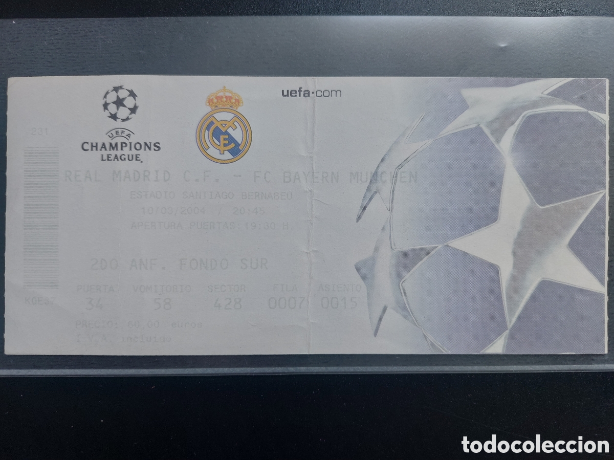 Colecionismo desportivo: Entrada ticket Real Madrid Bayern Munchen Champions League 2003 2004 Munich UEFA Santiago Bernab&eacute;u