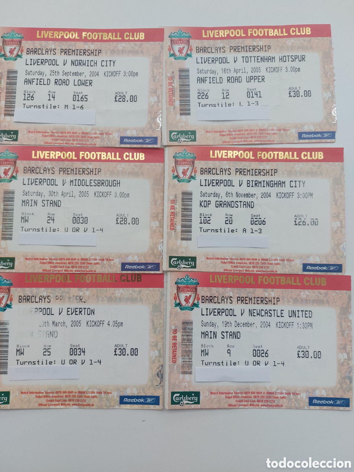 Collezionismo sportivo: Tickets Liverpool Norwich, Tottenham, Middlesbrough, Birmingham Newcastle Everton 2004 2005 entradas