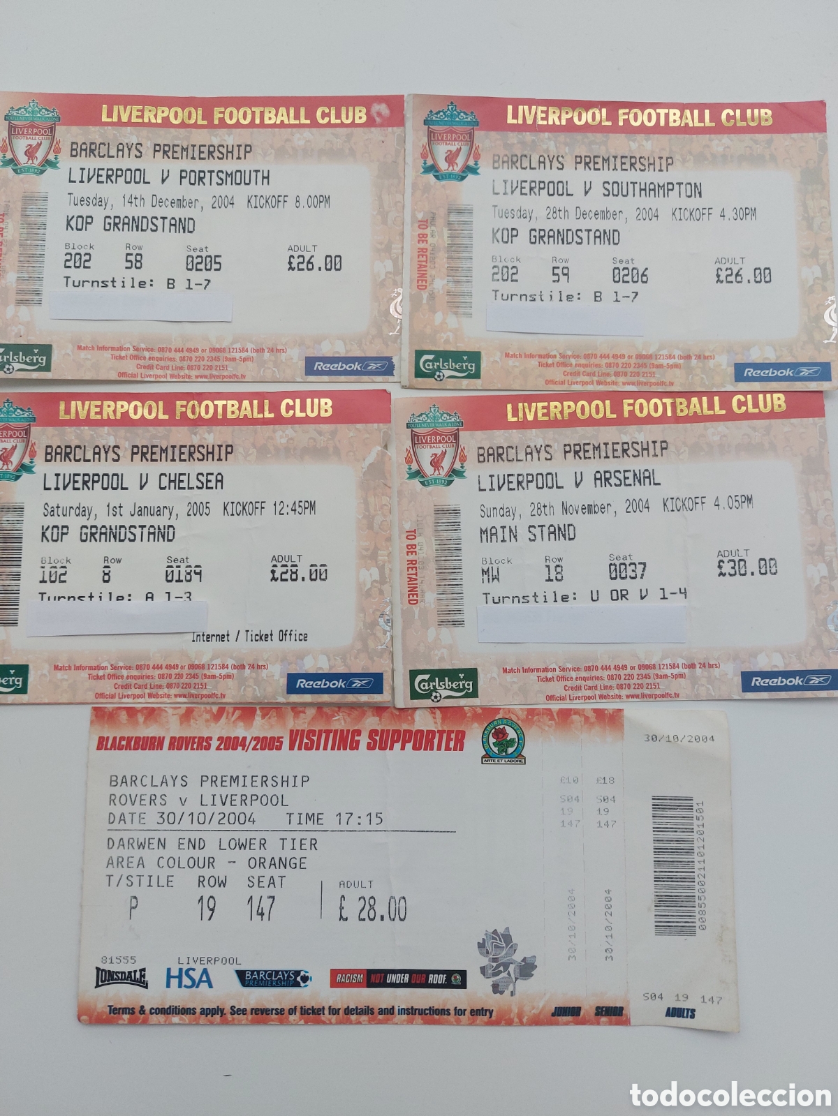 Collezionismo sportivo: Lote Tickets Liverpool Portsmouth Southampton, Chelsea, Arsenal, Blackburn Rovers 2004 2005 Entradas