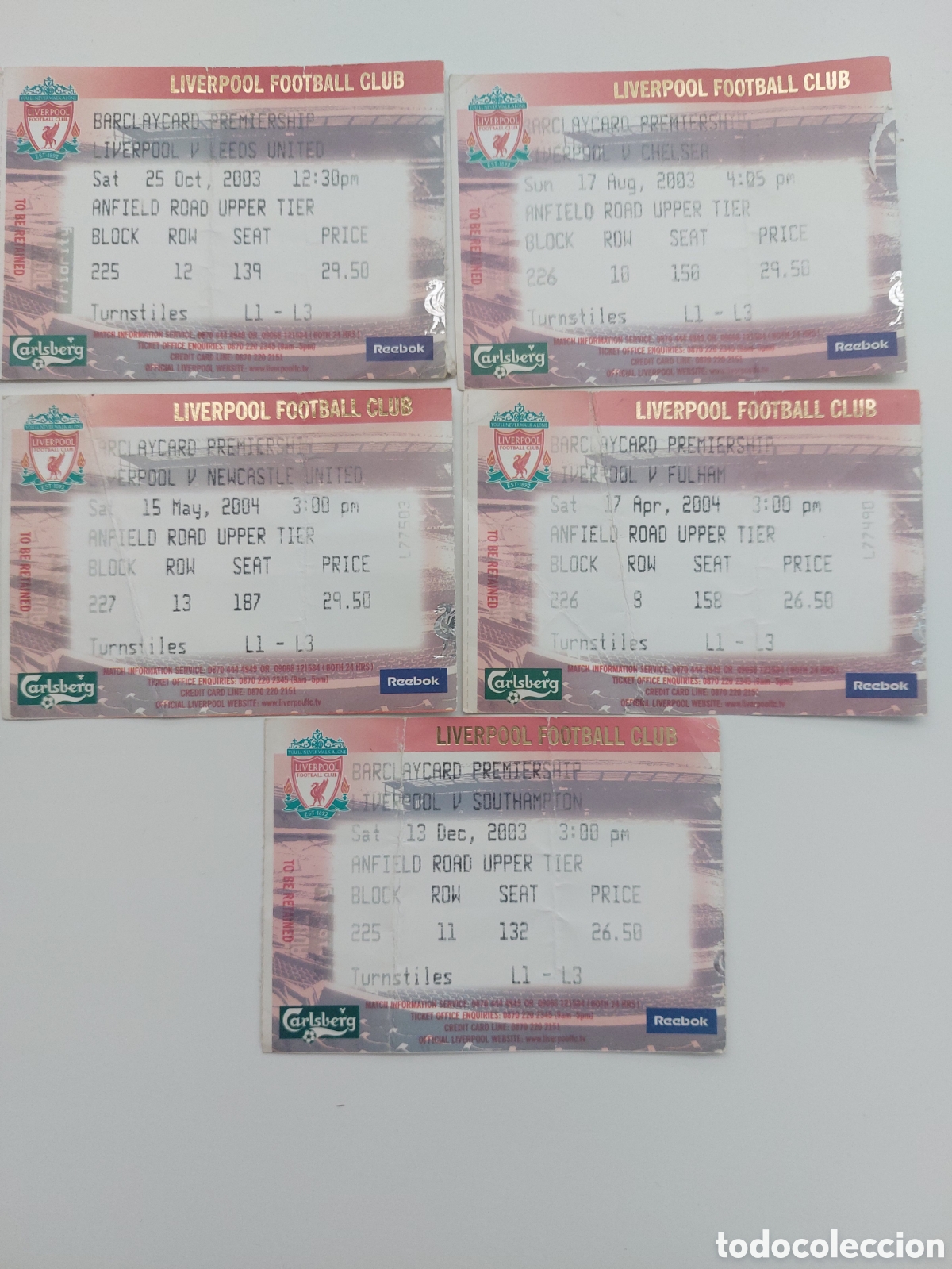 Collezionismo sportivo: Tickets Liverpool Leeds United Chelsea Newcastle Fulham Southampton 2003 2004 Entradas Football