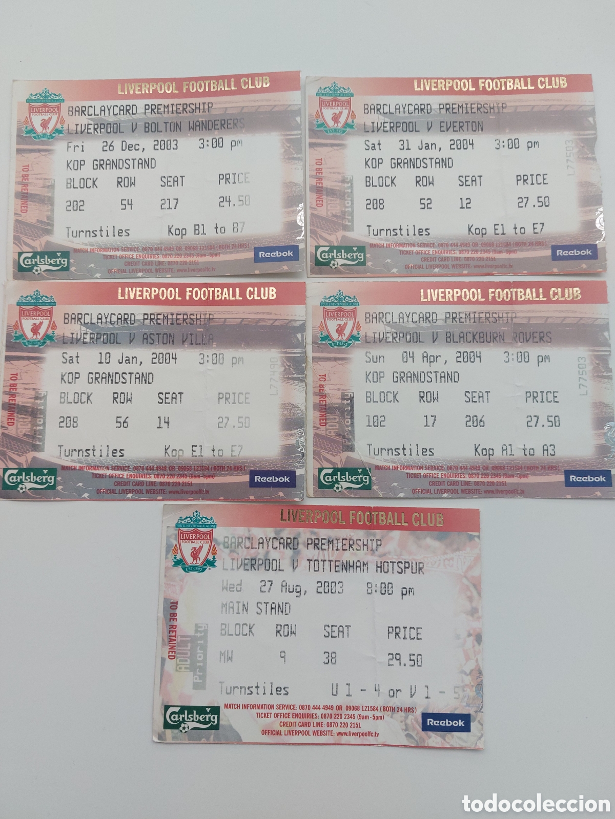 Colecionismo desportivo: Tickets Liverpool Bolton Everton Aston Villa Blackburn Rovers Tottenham 2003 2004 Entradas Football