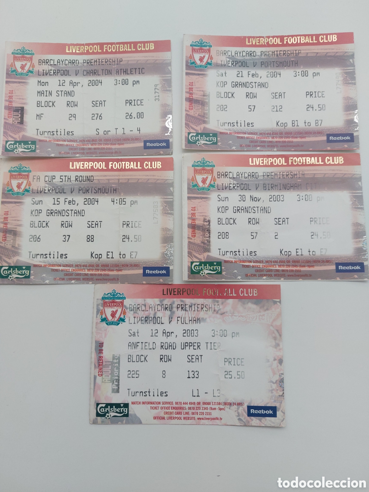 Colecionismo desportivo: Entradas Liverpool Charlton Portsmouth Birmingham Fulham Tickets Football 2003 2004