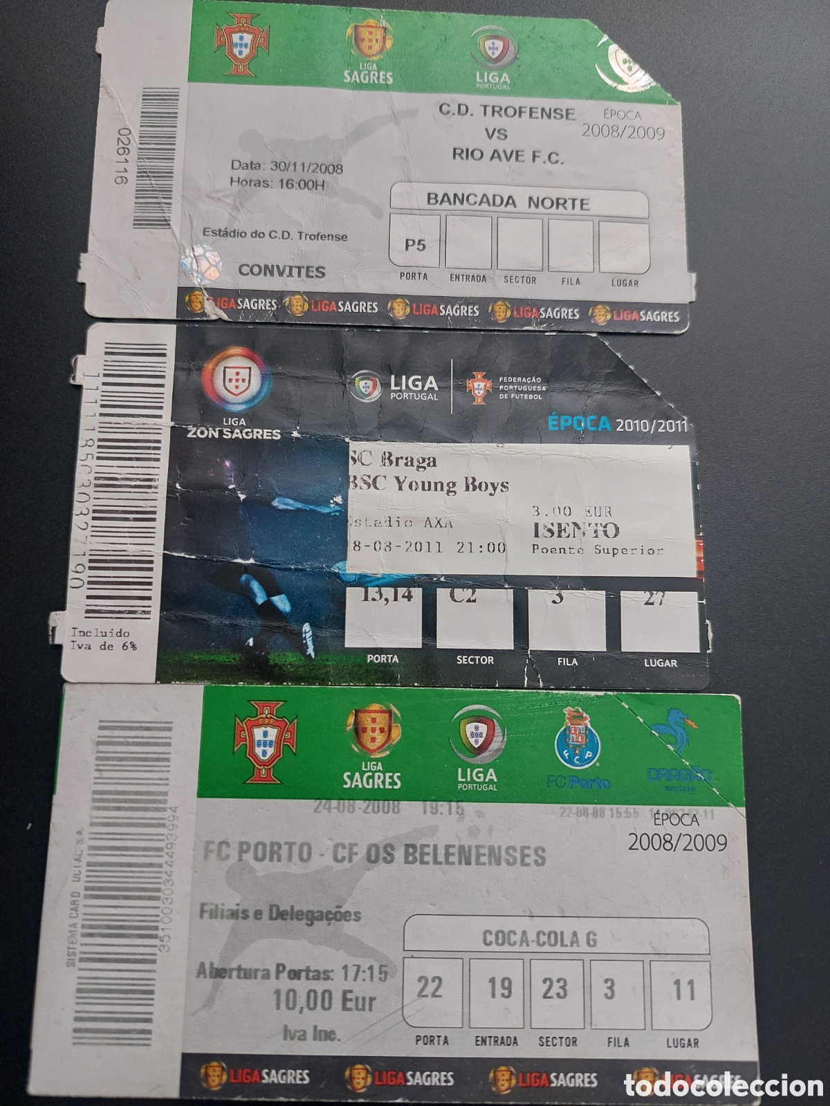 Collezionismo sportivo: Ticket Portugal Porto OS Belenenses, Braga Young Boys y Trofense R&iacute;o Ave 2008 2009 y 2010 2011