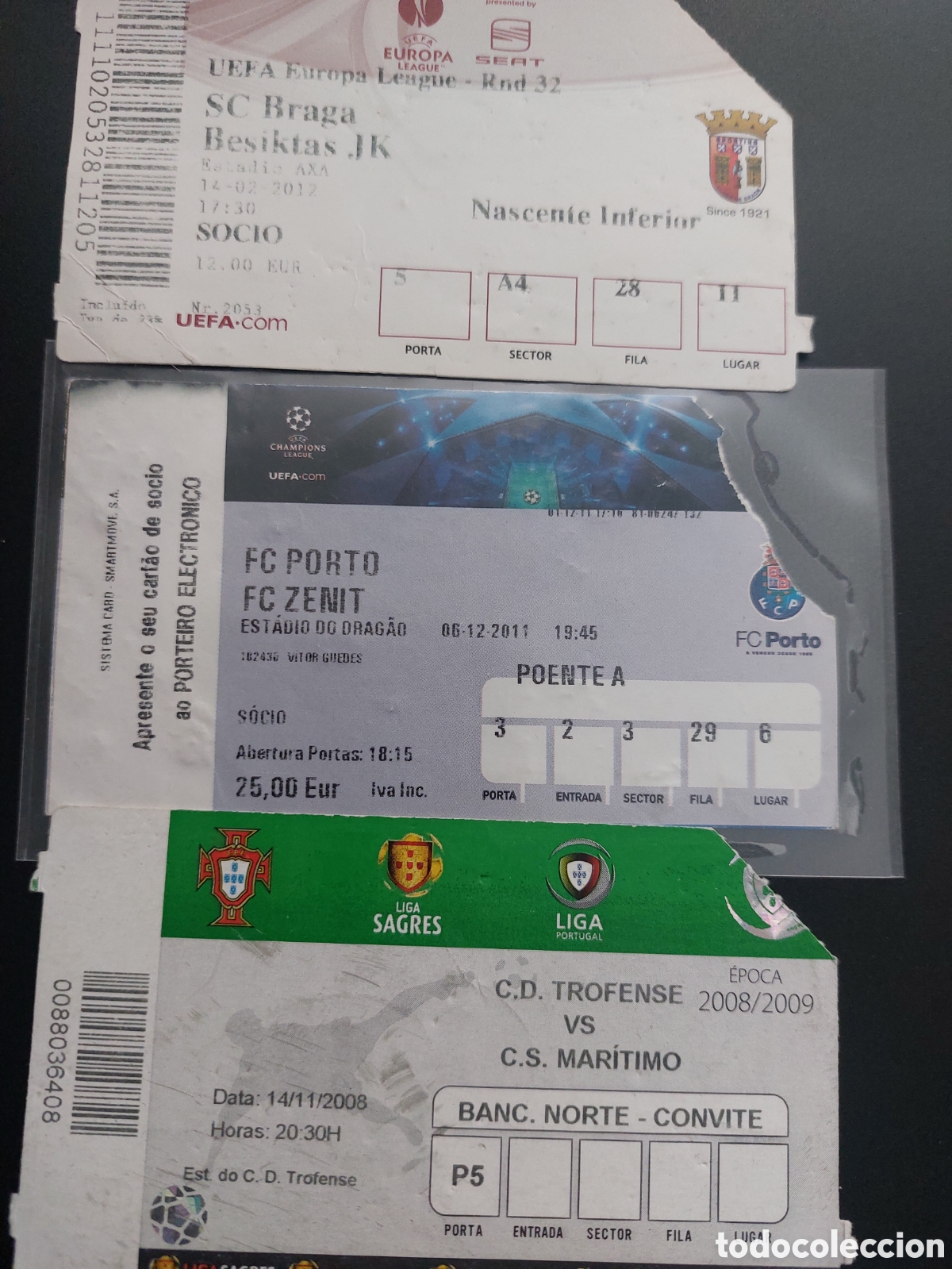 Collezionismo sportivo: Ticket Portugal Porto Zenit, Trofense Mar&iacute;timo ,Braga Besiktas entrada Football 2011 2012 2008 2009