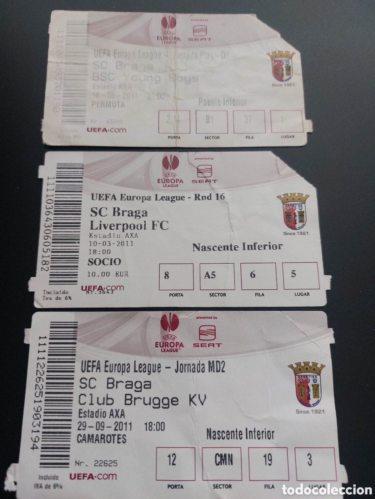 Colecionismo desportivo: Ticket SC Braga Europa League Liverpool Brugge Young Boys 2011