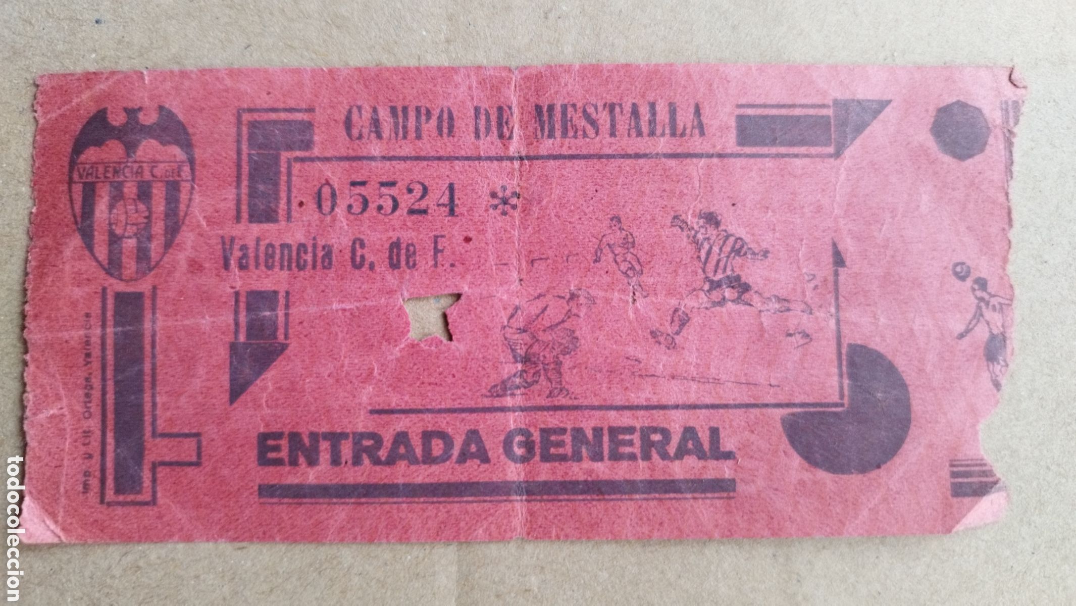 Coleccionismo deportivo: Entrada a Campo de f&uacute;tbol de Mestalla Valencia C. F. circa a&ntilde;os 40 Imp Ortega