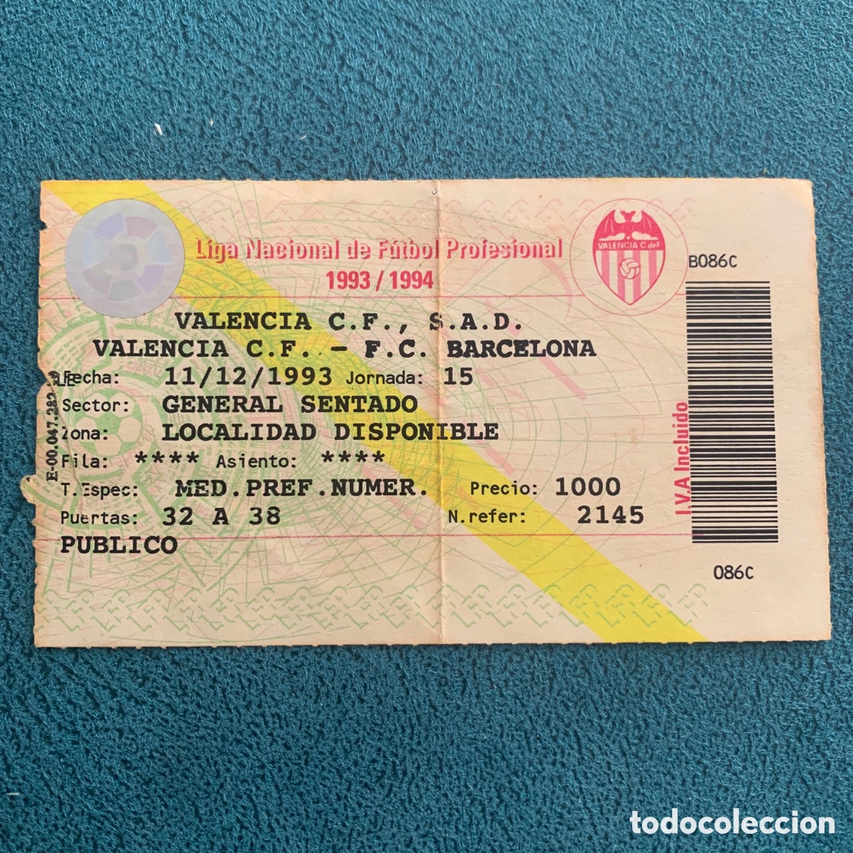 Colecionismo desportivo: Entrada Valencia cf fc Barcelona 11 diciembre 1993 luis casanova liga 1993/1994