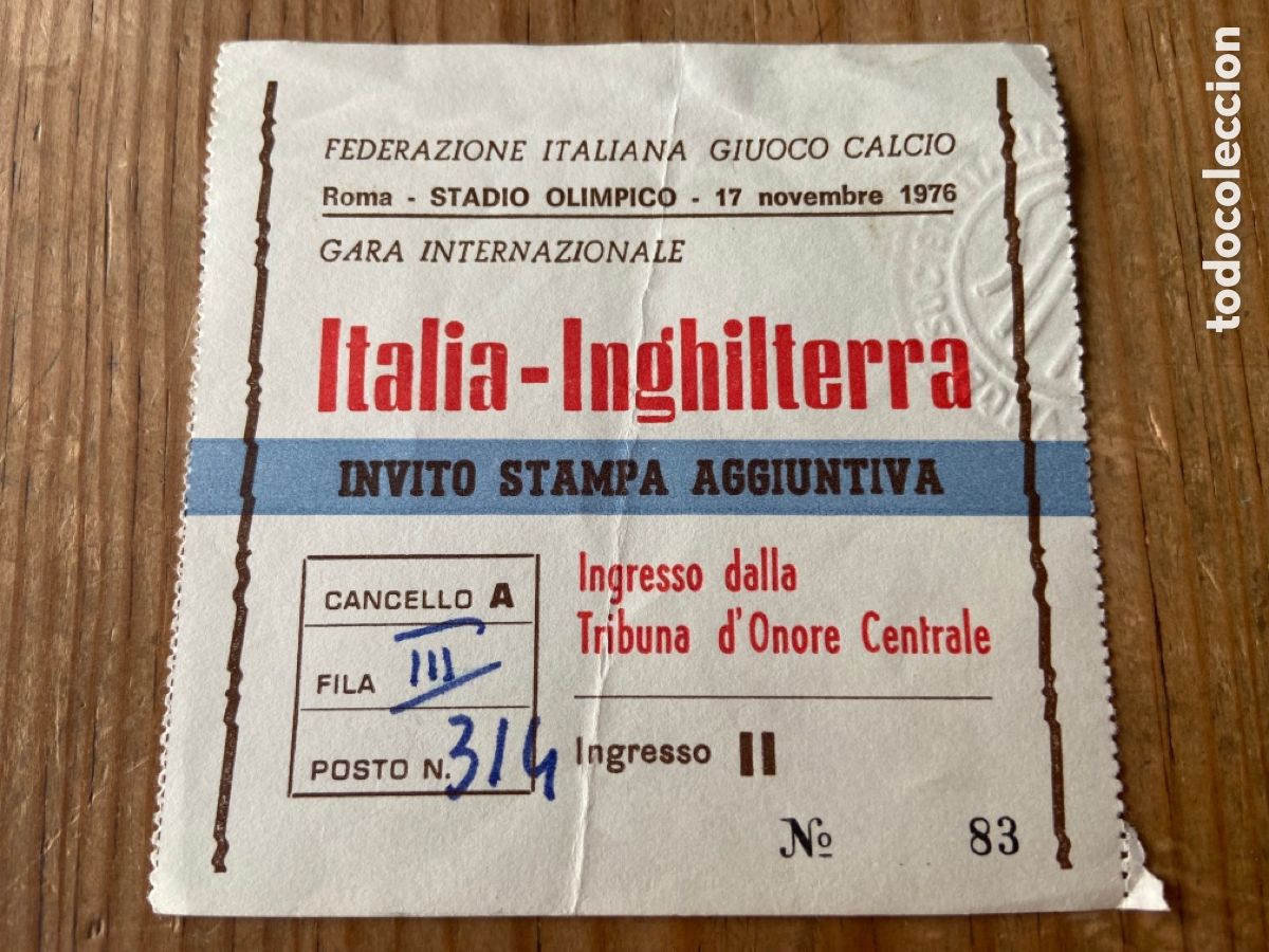 Sammelleidenschaft Sport: R23610 ENTRADA TICKET FUTBOL ITALIA 2-0 INGLATERRA (17-11-1976)