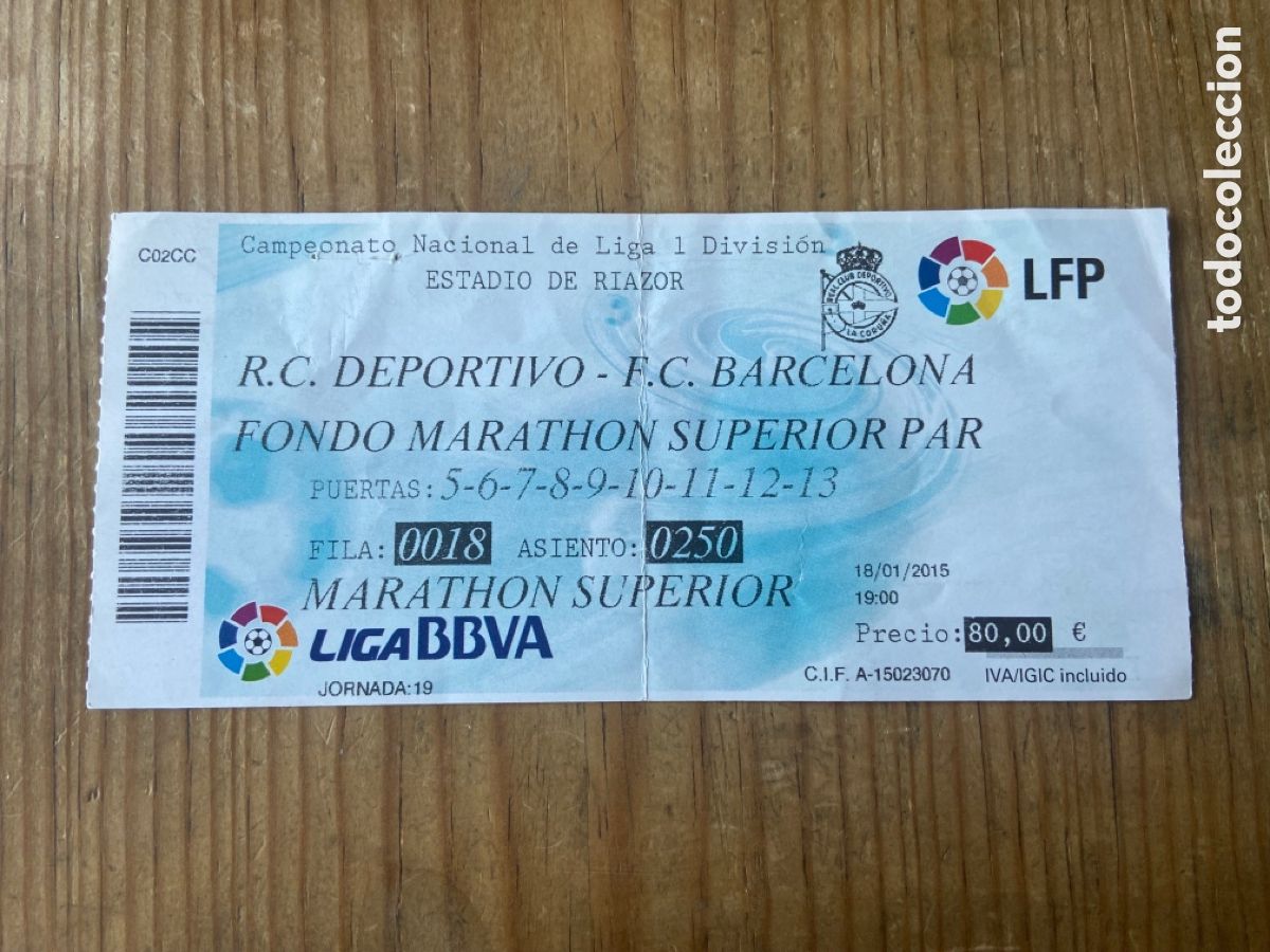Coleccionismo deportivo: R24296 ENTRADA TICKET FUTBOL DEPORTIVO CORU&Ntilde;A 0-4 BARCELONA TEMPORADA 2014 2015 HAT TRICK MESSI