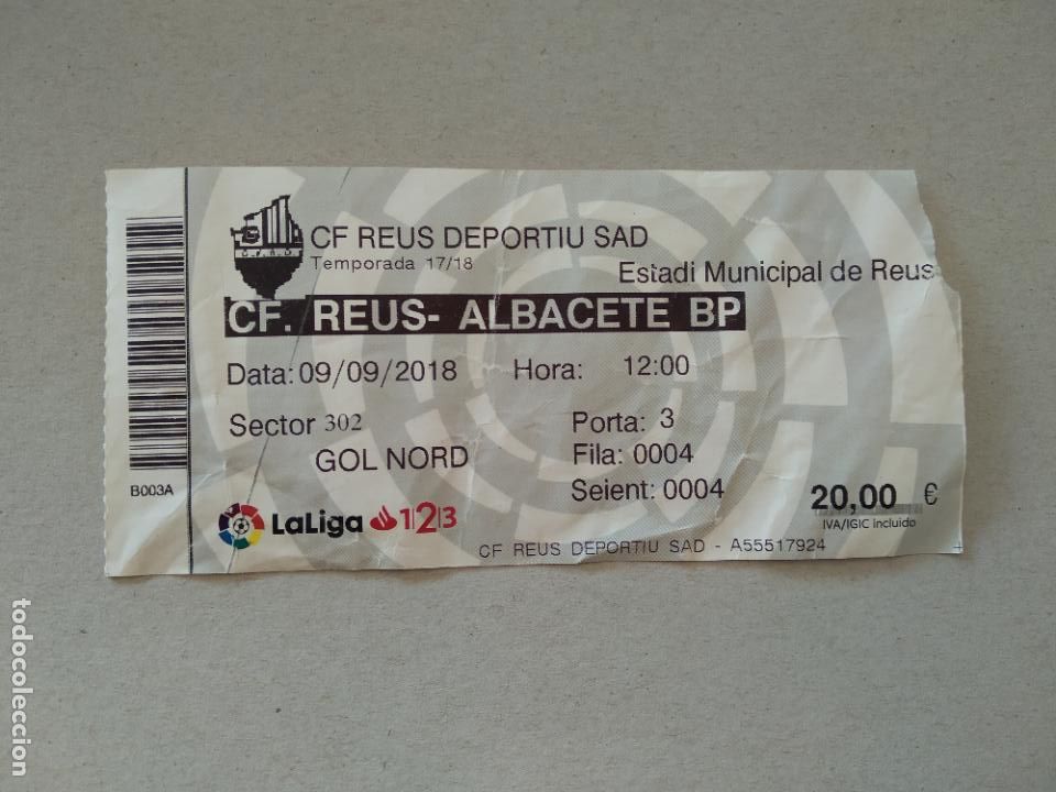 Sammelleidenschaft Sport: ENTRADA PARTIDO FUTBOL REUS VS ALBACETE LIGA 123 17-18 ESTADI MUNICIPAL 2017-2018