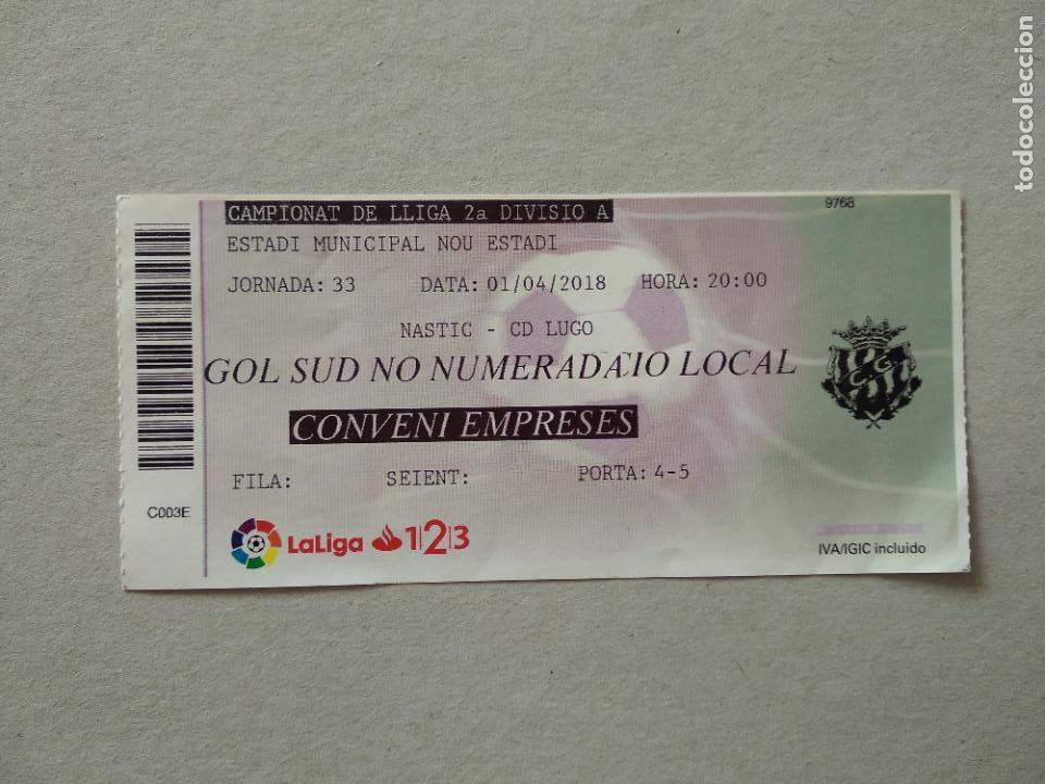 Collectionnisme sportif: ENTRADA PARTIDO FUTBOL NASTIC TARRAGONA VS LUGO LIGA 123 17-18 NOU ESTADI 2017-2018