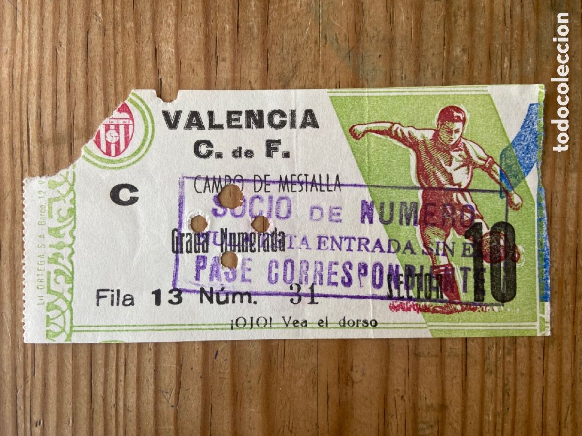 Sports collectibles: R25239 ENTRADA TICKET II TROFEO NARANJA 1961 VALENCIA 3-2 BOTAFOGO BRASIL GARRINCHA DIDI