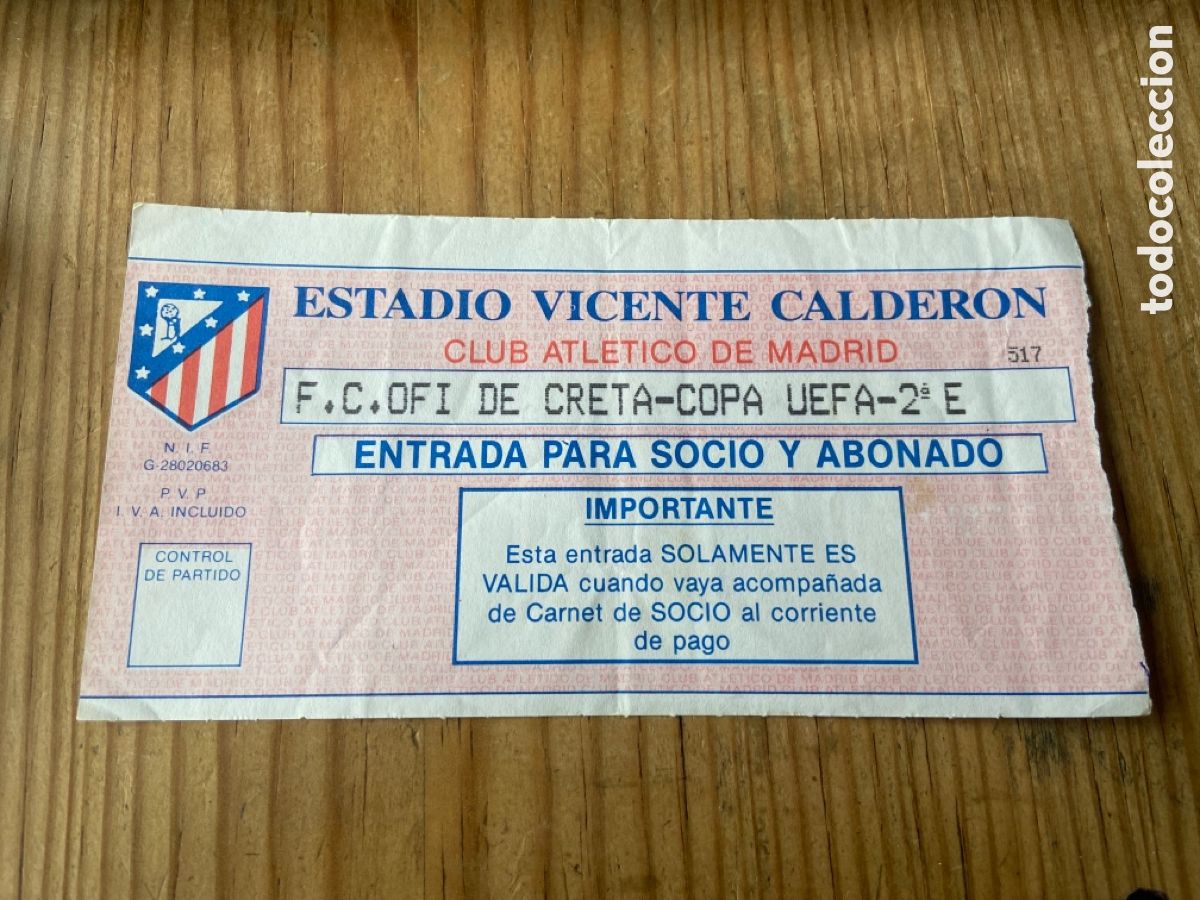 Coleccionismo deportivo: R25422 ENTRADA TICKET FUTBOL ATLETICO MADRID OFI CRETA COPA UEFA 1993 1994