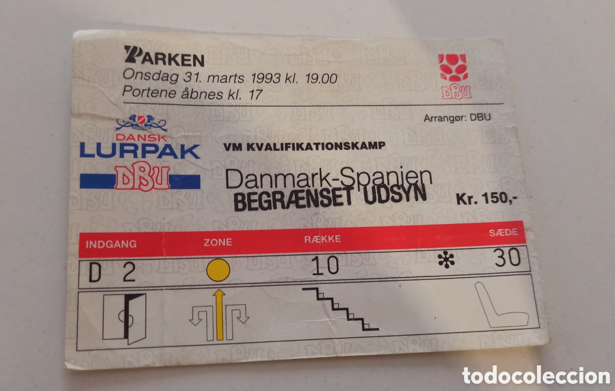 Coleccionismo deportivo: ENTRADA TICKET DINAMARCA ESPA&Ntilde;A 1993 CLASIFICACI&Oacute;N