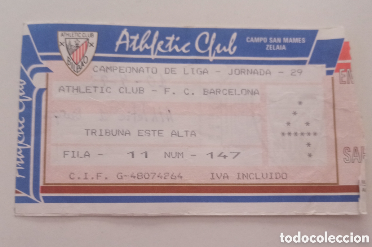 Coleccionismo deportivo: ENTRADA TICKET ATHLETIC BILBAO FC BARCELONA 92 93