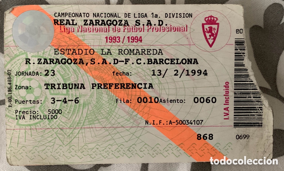 Colecionismo desportivo: Entrada Liga 1994 La Romareda