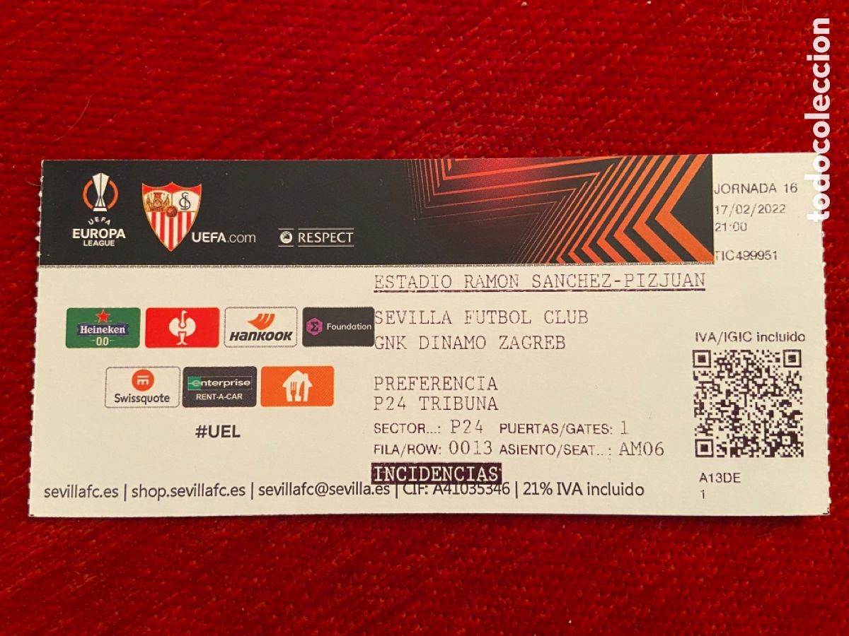 Collectionnisme sportif: R27362 ENTRADA TICKET FUTBOL SEVILLA DINAMO ZAGREB UEFA EUROPA LEAGUE 2021 2022