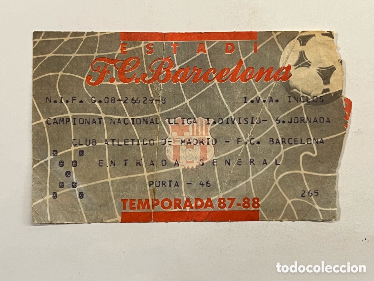Collezionismo sportivo: ENTRADA Campionat Nacional Lliga 1 Divisio Club Atl&eacute;tico de Madrid - F.C. Barcelona Temporada 87-88