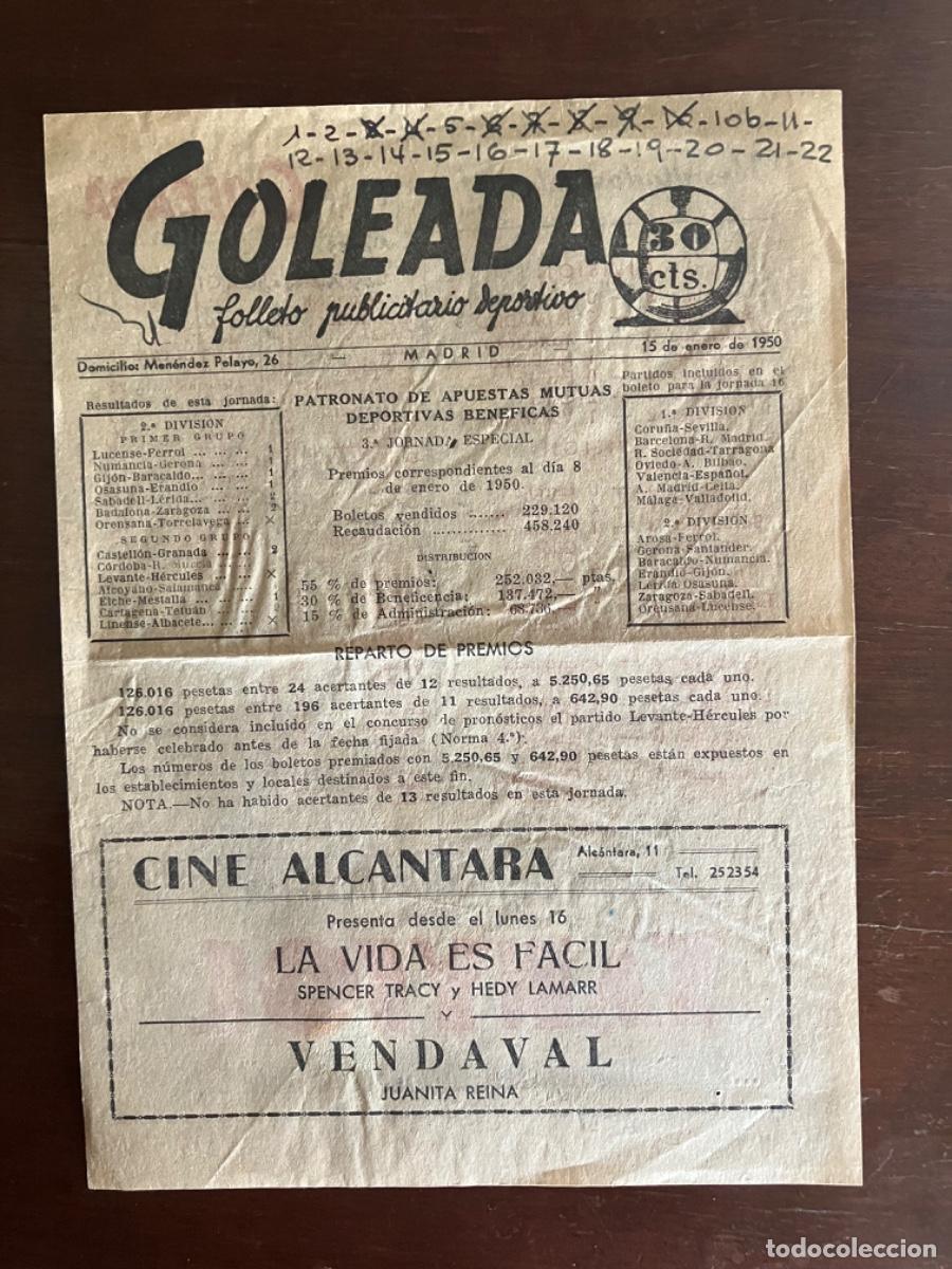 Coleccionismo deportivo: GOLEADA - MADRID - FOLLETO PUBLICITARIO DEPORTIVO - CON RESULTADOS - A&Ntilde;O 1950 FUTBOL