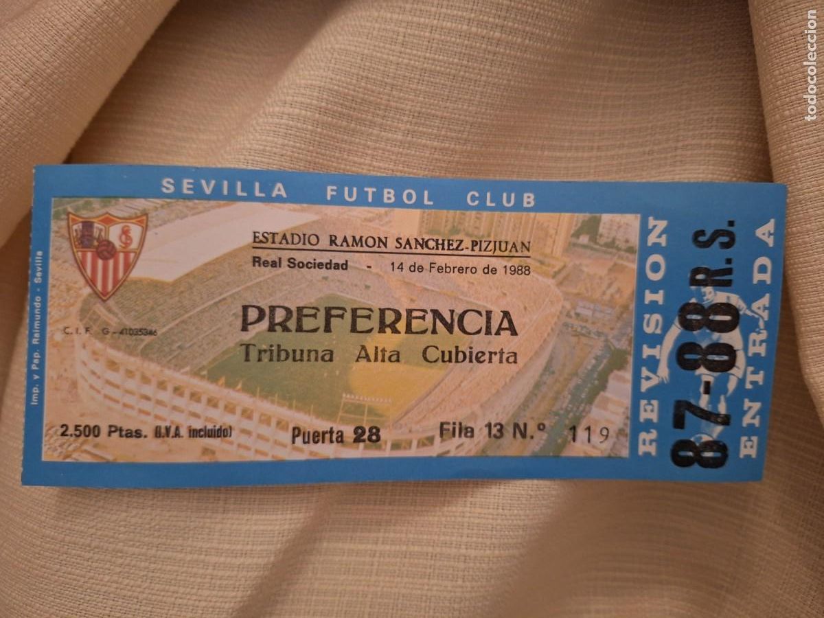 Sammelleidenschaft Sport: LIGA 87 88 ENTRADA PREFERENCIA SANCHEZ PIZJUAN SEVILLA REAL SOCIEDAD 14 febrero 1988 NUEVA 2500 ptas